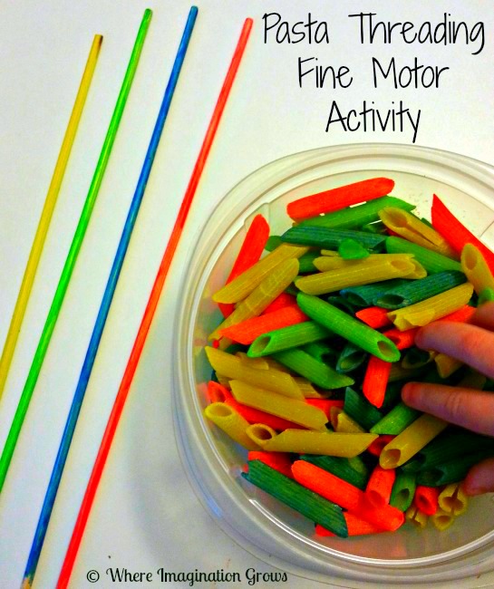 Pasta threading fine motor activity for kids!