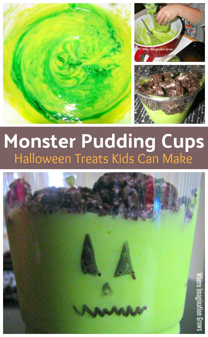 Monster Pudding Cups! A fun Halloween treat that kids can make! A tasty Halloween recipe that's great for Halloween parties