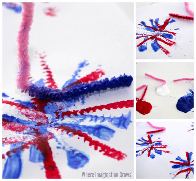 Fourth of July Craft for Kids! Simple firework painting with pipe cleaners!