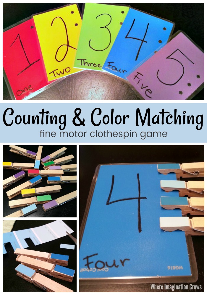 Easy DIY clothespin counting and color matching game for kids