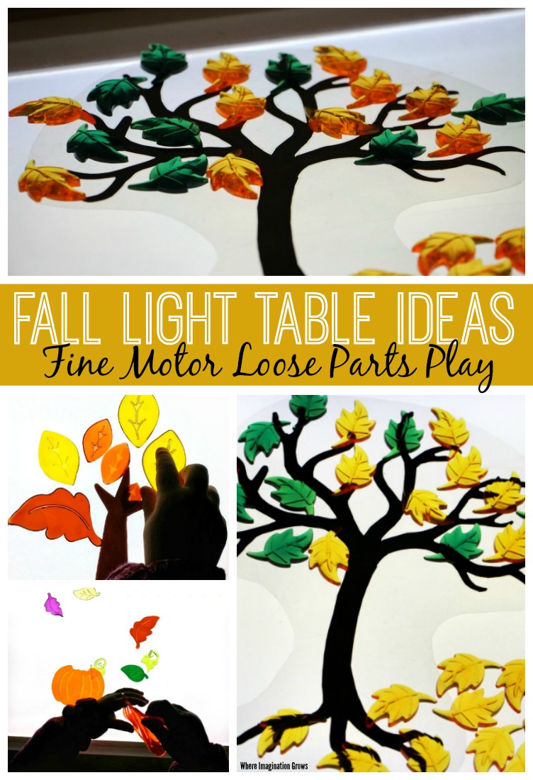 Fall themed light table activities for kids! A simple autumn themed fine motor activity with loose parts.