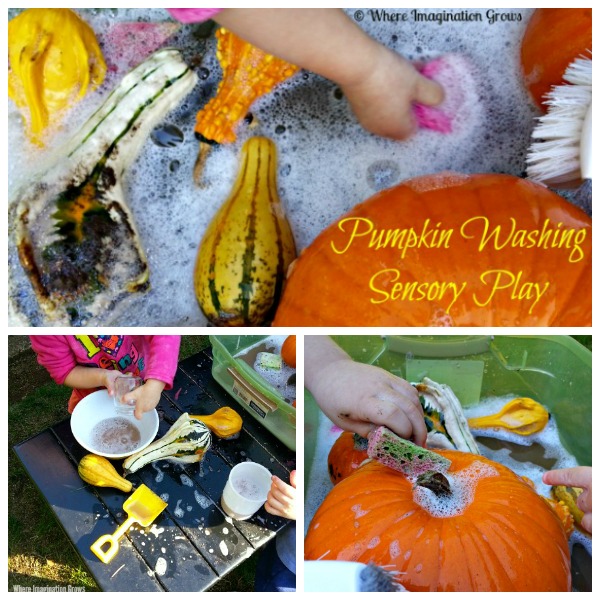 Simple fall washing sensory bin with pumpkins! Great for toddlers and preschoolers