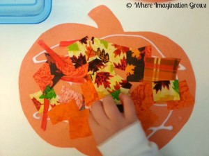 Pumpkin Collages with Fall Fabrics for Toddlers - Where Imagination Grows