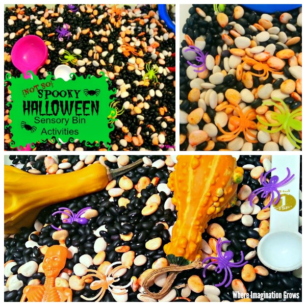 A fun and not too spooky Halloween sensory bin for preschoolers! Fine motor fun that explores Halloween themes in a fun way for kids!