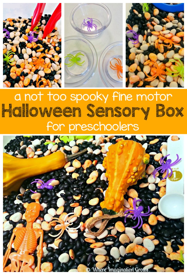 A fun and not too spooky Halloween sensory bin for preschoolers! Fine motor fun that explores Halloween themes in a fun way for kids!