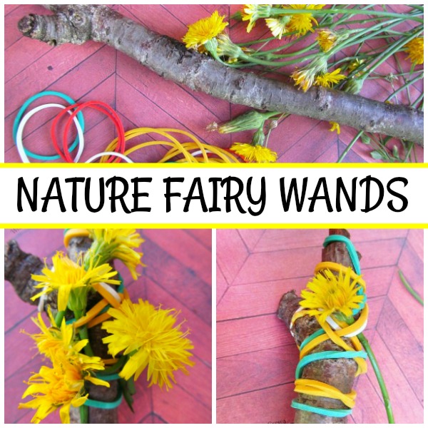 Craft wands made from sticks, flowers, and rubber bands
