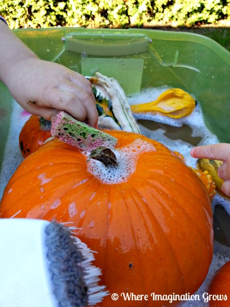 Fall pumpkin sensory bin for toddlers