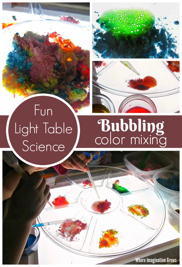 Bubbling color mixing for kids! Simple light table science for preschoolers! Fun with baking soda and vinegar! 