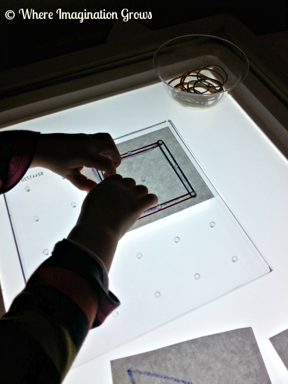 Geoboard Shape Learning Activity for Preschoolers on the Light Table!