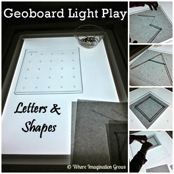 Letters & Shape Geoboard Activities on the Light Table! Fun fine motor learning activity for preschoolers!