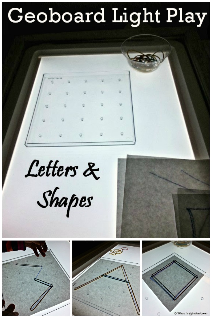 Letters & Shape Geoboard Activities on the Light Table! Fun fine motor learning activity for preschoolers!