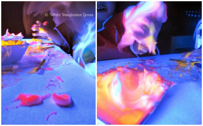 Glow in the dark shaving cream sensory play for preschoolers and toddlers