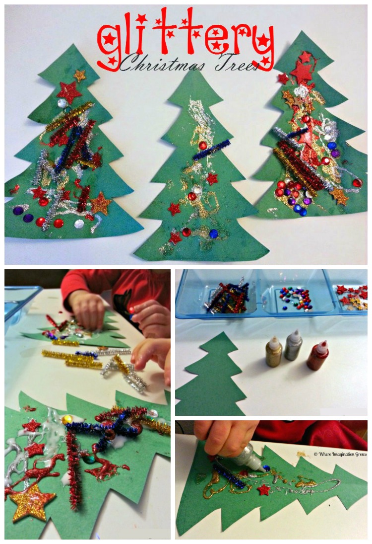 Glittery Christmas Tree Collages for Toddlers! A simple Christmas craft for kids!