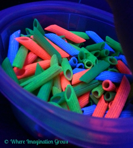 Black light Pasta Threading Fine Motor Activity for Preschoolers and Toddlers!