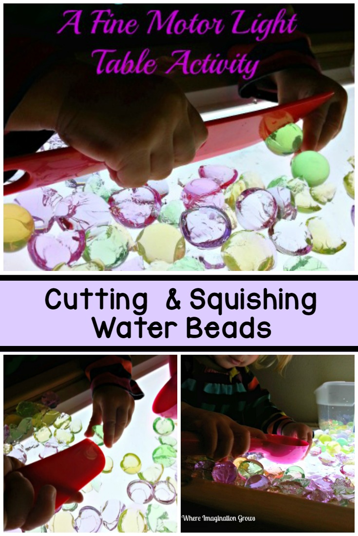 Light table activity for fine motor skill development! Cutting and squishing water beads for preschoolers and toddlers on the light box.
