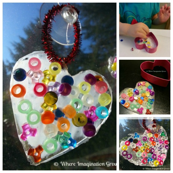 Valentine's Day Craft for Kids! Make heart suncatchers with glue and beads! Easy preschool craft!