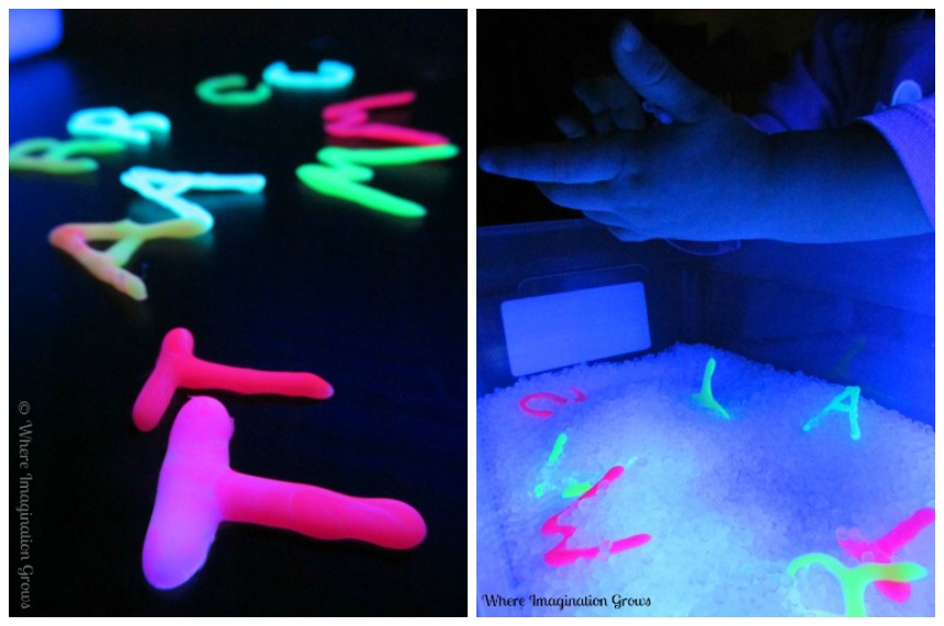Glowing letters made from hot glue and used with a black light