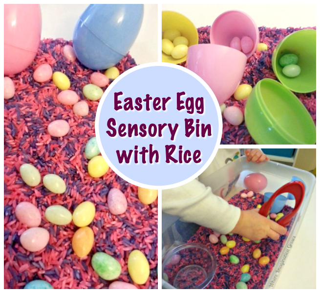 Simple Easter Egg Sensory Bin with Rice - Where Imagination Grows