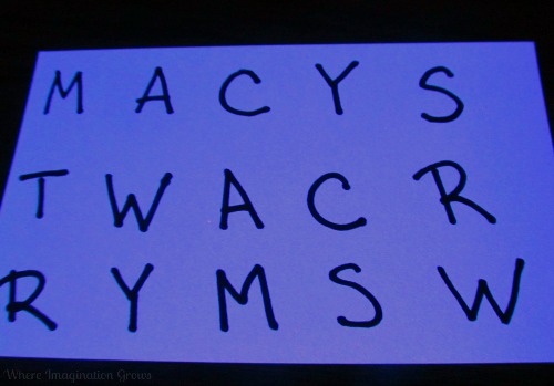 DIY glow in the dark letter recognition game 