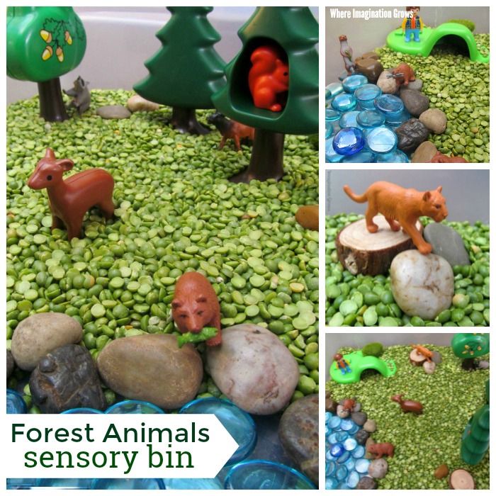 Forest animals sensory bin for kids! Using dried peas and plastic animals for pretend play
