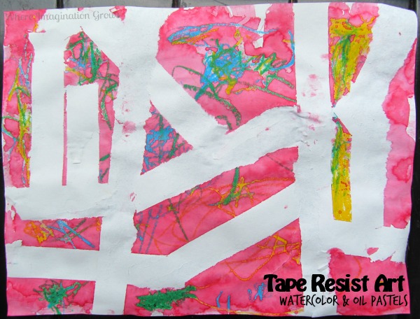 Tape Resist Toddler Art using Watercolor and Oil Pastels