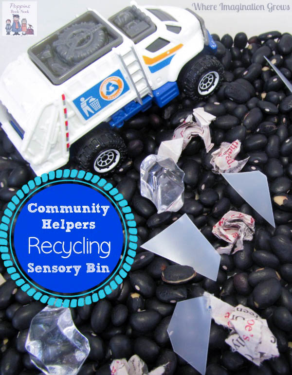 Community Helpers Recycling Sensory Bin for kids! A simple learning activity for preschoolers and kindergarten children that explores recycling