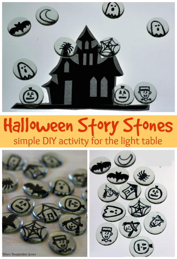 Halloween Themed Story Stones! A fun light table activity that encourages imaginative play! Fun off the light table too!