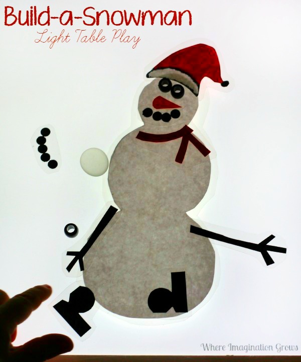 Build-a-snowman light table play activity for preschoolers! Simple open-ended winter activity for kids! A fun fine motor and creative activity! 
