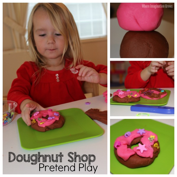 Preschool doughnut shop dramatic play prompt with homemade playdough 