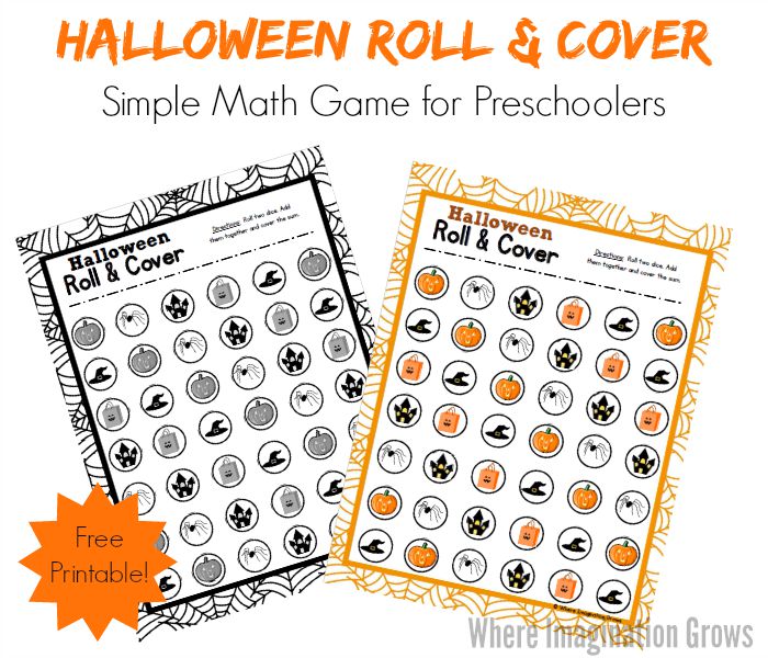 Halloween roll and cover printable for preschoolers! A simple and fun beginning math game for kids!