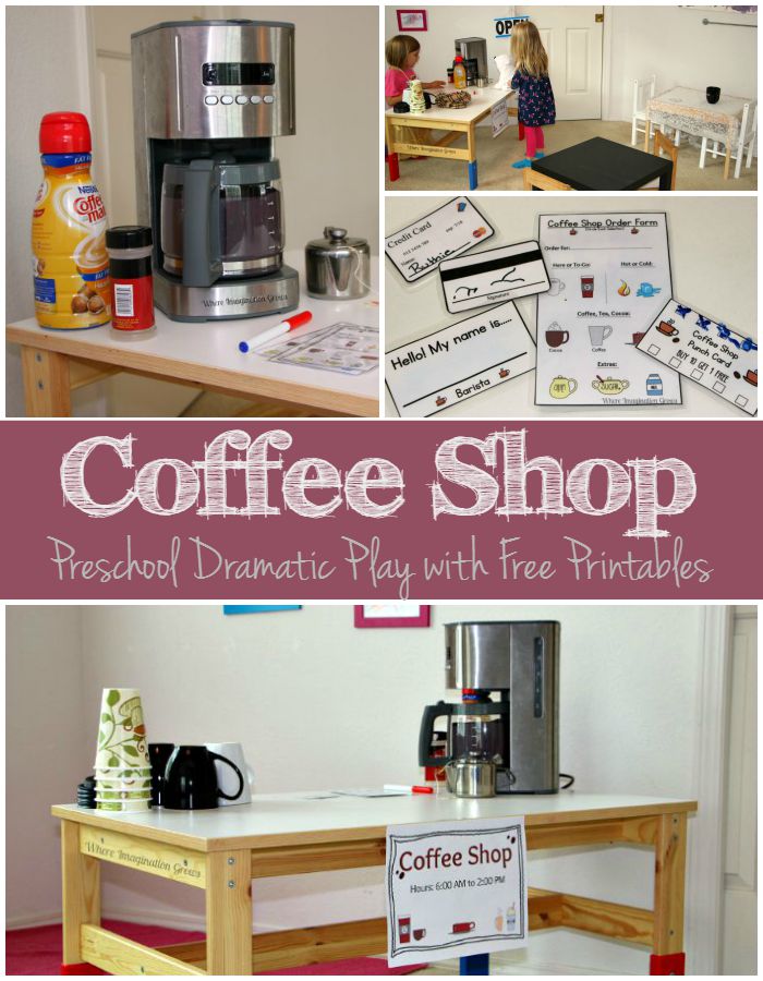 Coffee shop pretend play idea for preschoolers! With free printables!