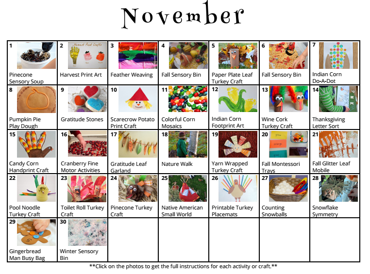 November Kids Activities & Crafts! Free Calendar for Parents, Teachers, & Daycare Providers