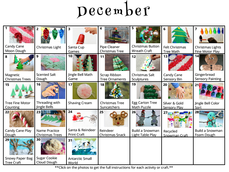 31 Days of Kids Activities for December Free Activity Calendar