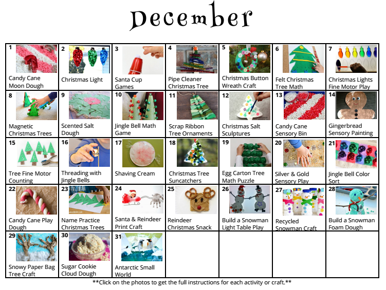 31 Days of Kids Activities for December! Free Activity Calendar