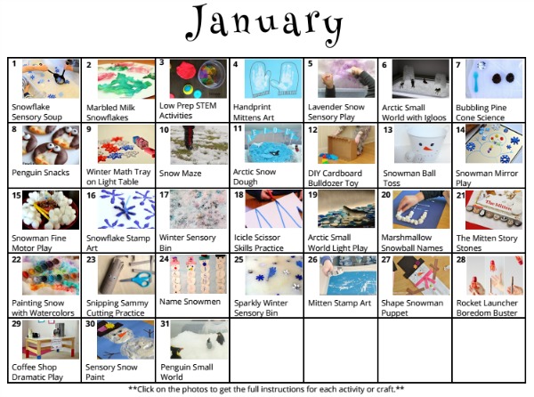 31 Days of Kids Activities for January! Fun preschool learning activities and crafts for all month long!