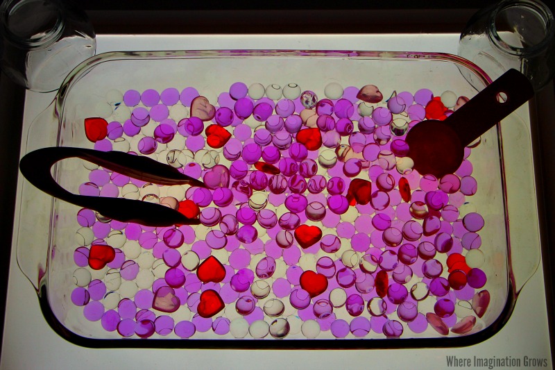 Valentine's Day Water Bead Sensory Bin on the Light Table