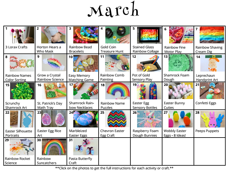 31 Days of March Crafts & Activities for Kids! Free activity planner for busy families, teachers, and daycare providers