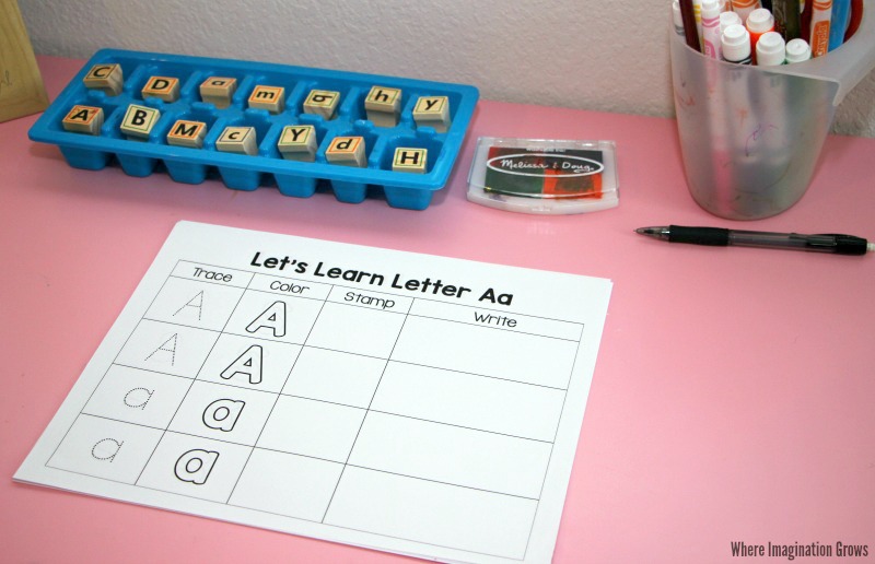 Trace, Color, Stamp, & Write! An ABC printable for preschoolers that teaches letter recognition and pre-writing skills.