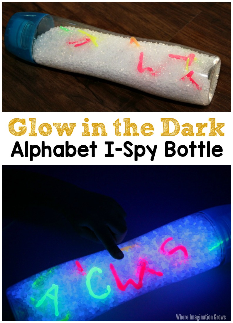 Glow in the Dark ABC Learning I-Spy Sensory Bottle Game for Kids! A simple black light learning activity for preschoolers