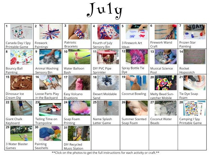 31 Fun Summer Activities for July! A month of kids activities in one free activity planner for busy families!