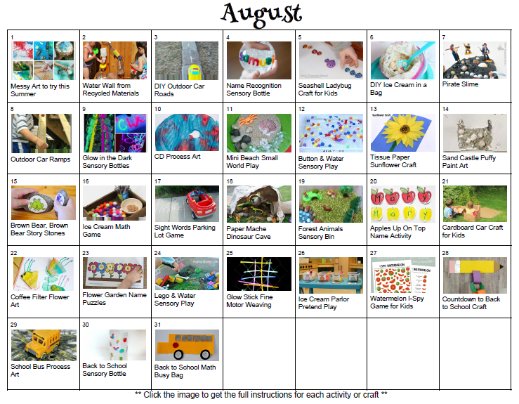 A month of kids activities for August! Lots of summer fun for kids! From outdoor play to sensory play, this free activity planner is an all in one lesson plan for summer!