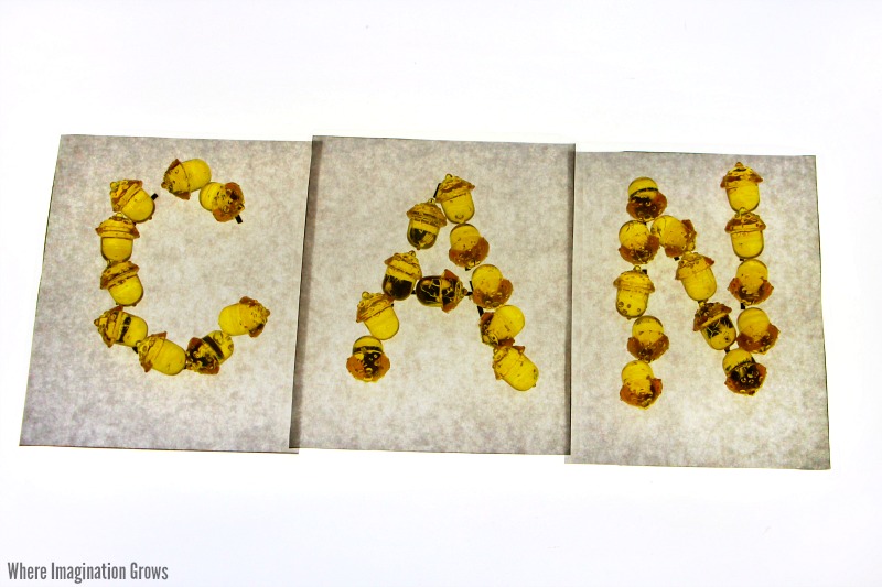 Sight words learning on the light table for fall! Acorn letter tracing with loose parts for kindergarteners