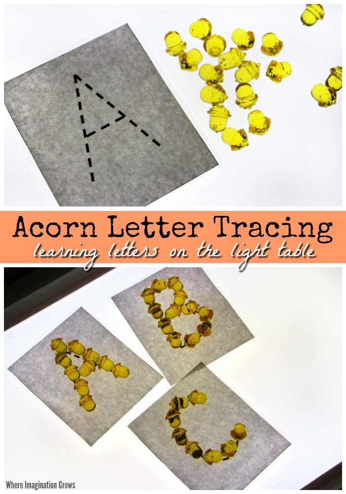 Easy Fall themed alphabet games for the light table! Preschool letter tracing with acorns!