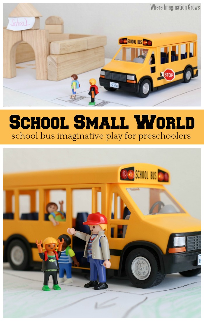 Simple school small world play for preschoolers! A hands-on school bus themed pretend play prompt with Playmobil and blocks!