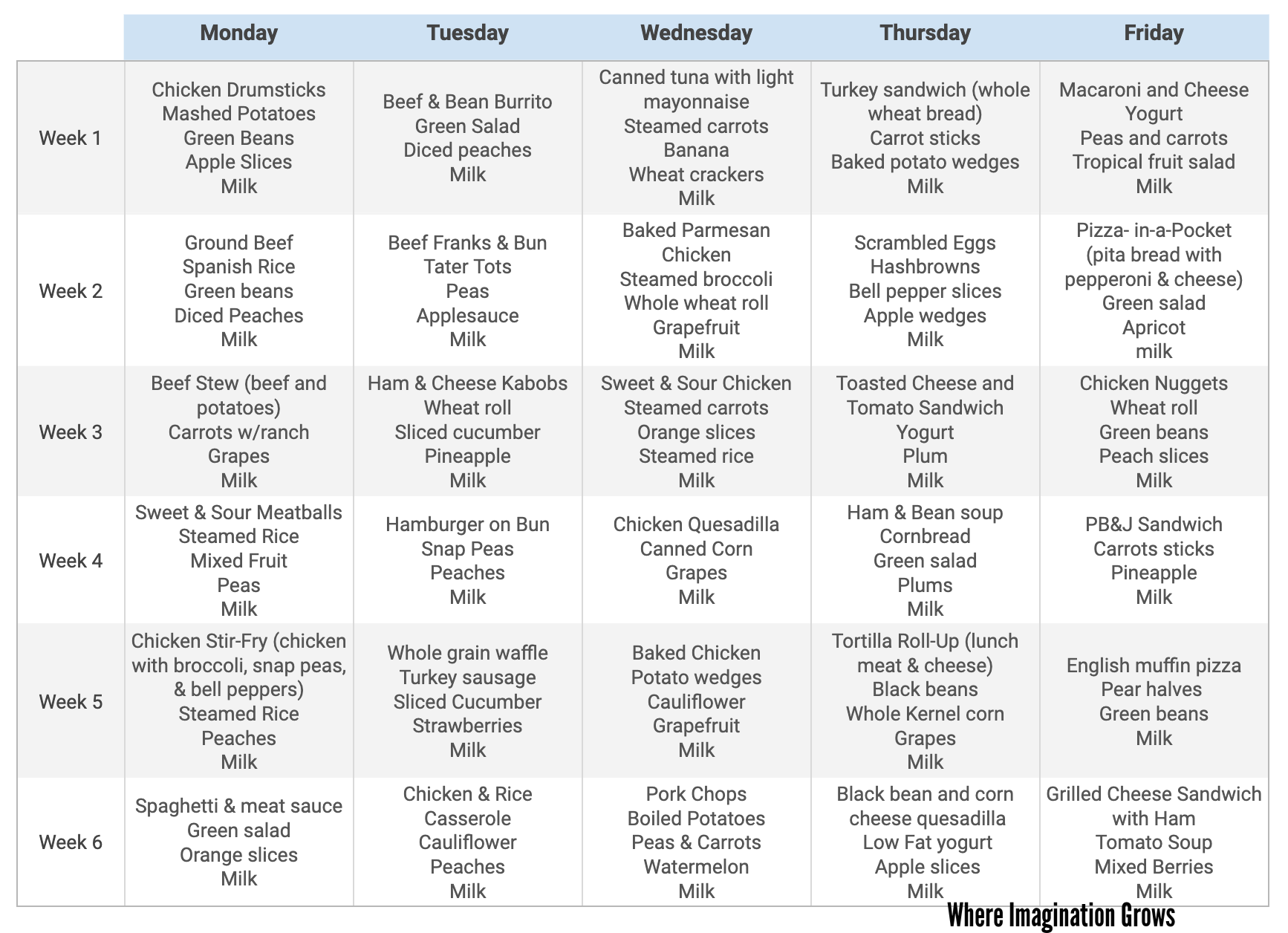 A calendar of sample daycare lunch menus