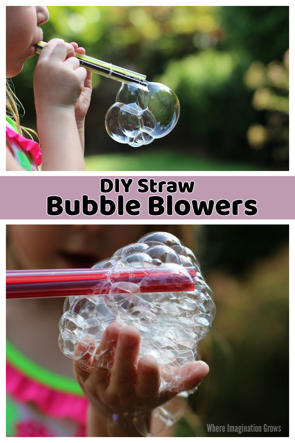 Images showing child using straws to blow bubbles